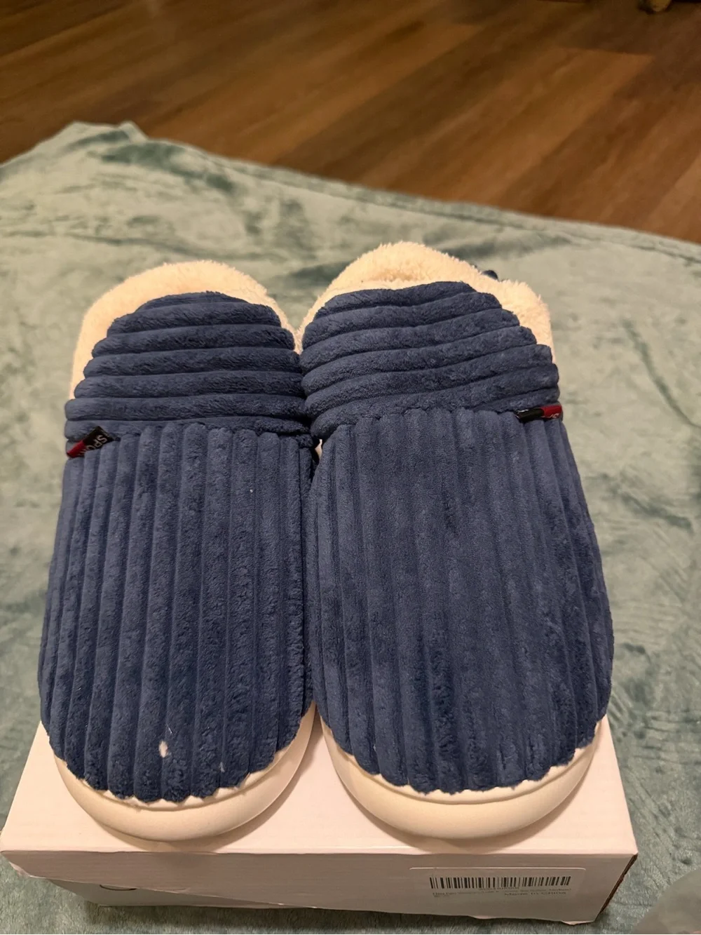 Plush Navy Blue Corduroy Slide Slippers